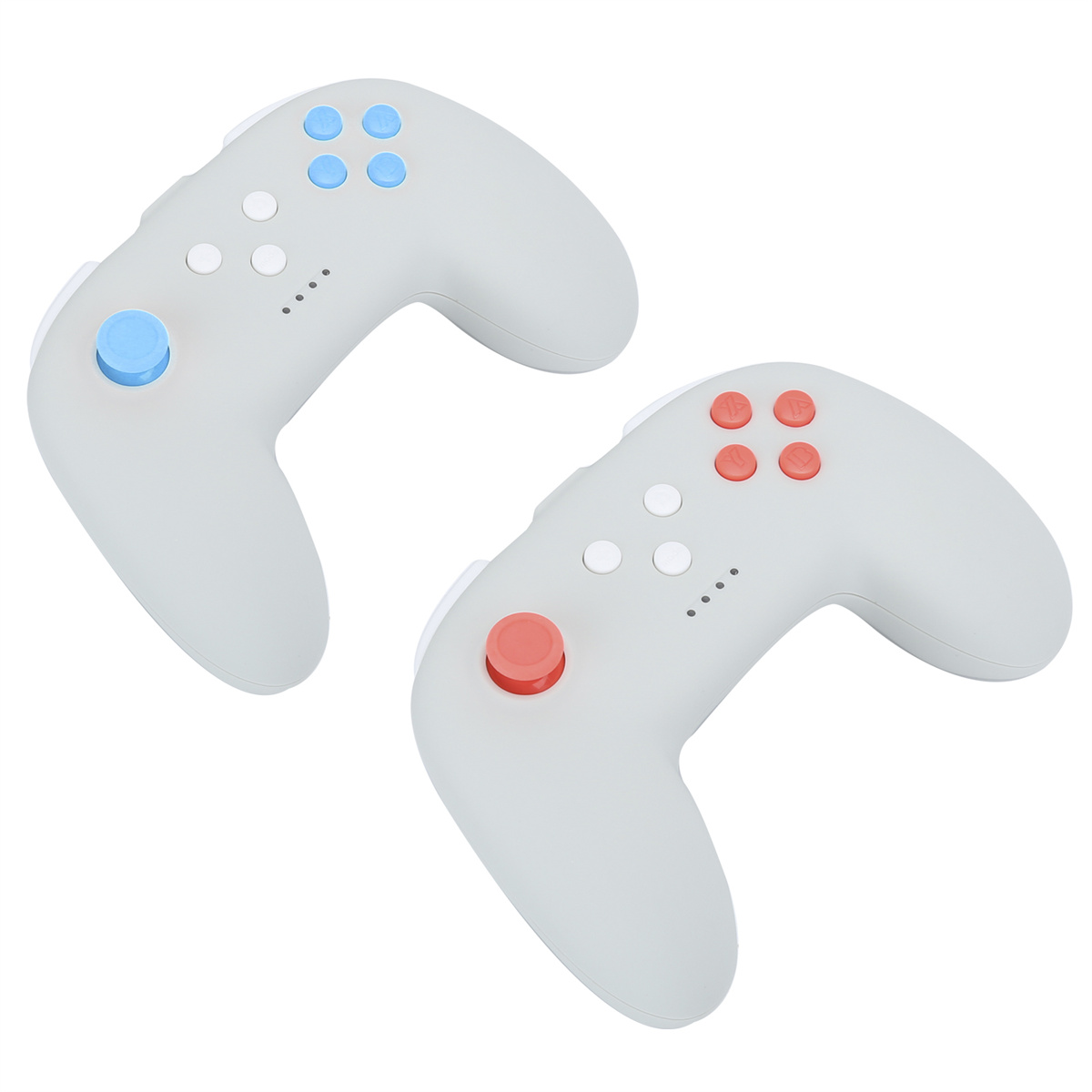 Zwei graue Gamecontroller, einer mit blauen, einer mit roten Knöpfen.