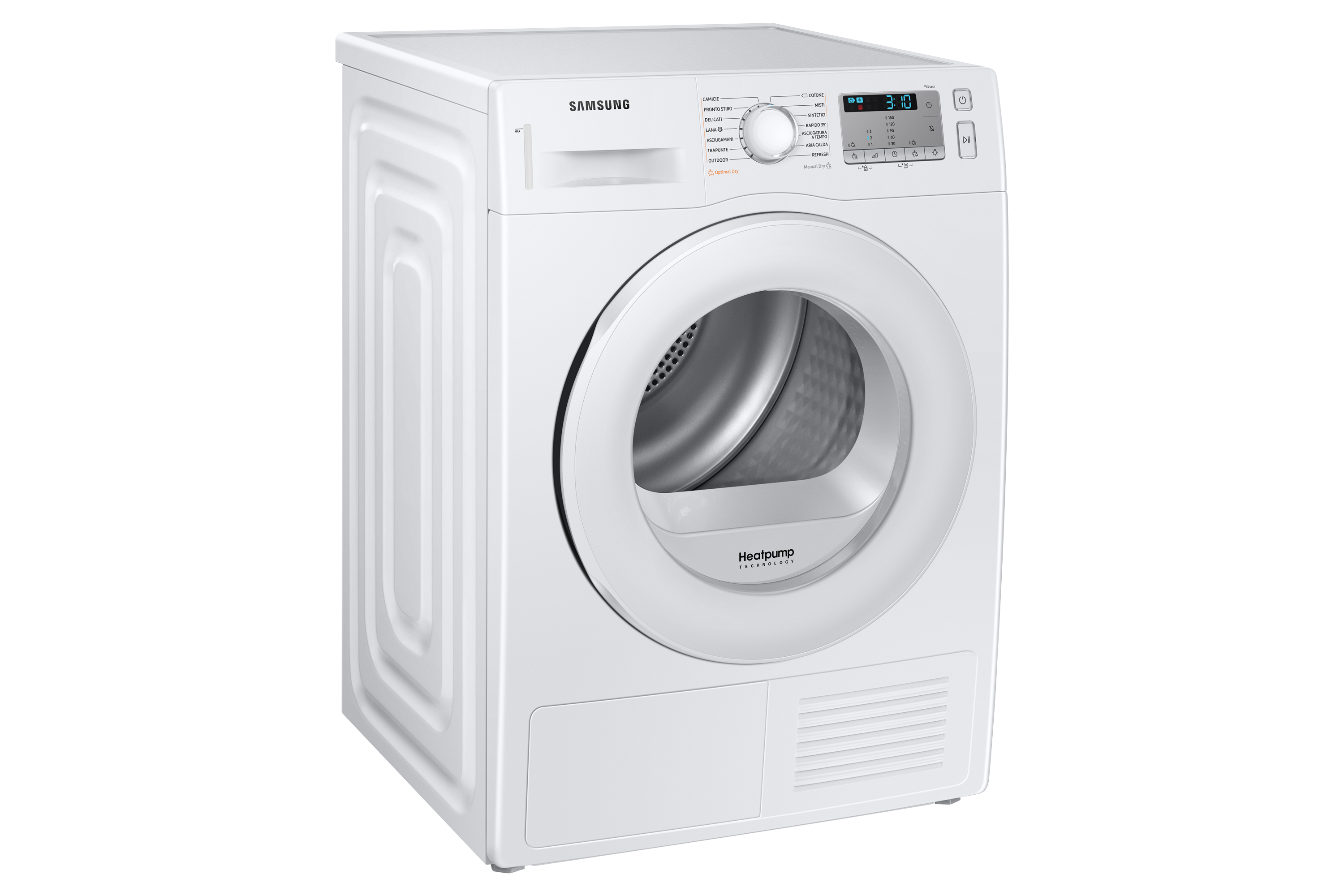Un'asciugatrice Samsung bianca con display digitale ed etichetta 'Heatpump'.