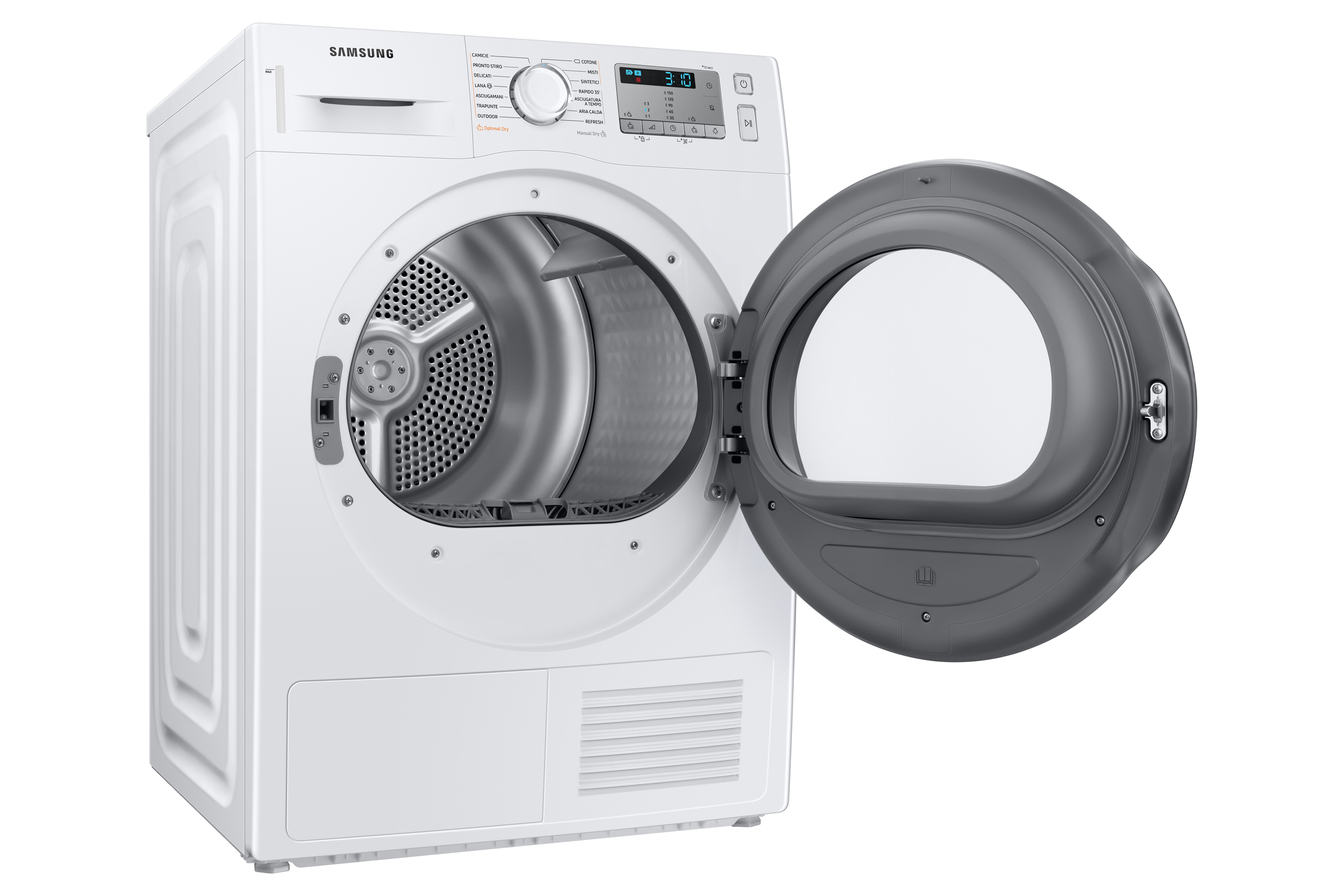 Asciugatrice Samsung bianca con lo sportello aperto, che rivela il cestello. La macchina è su sfondo bianco.
