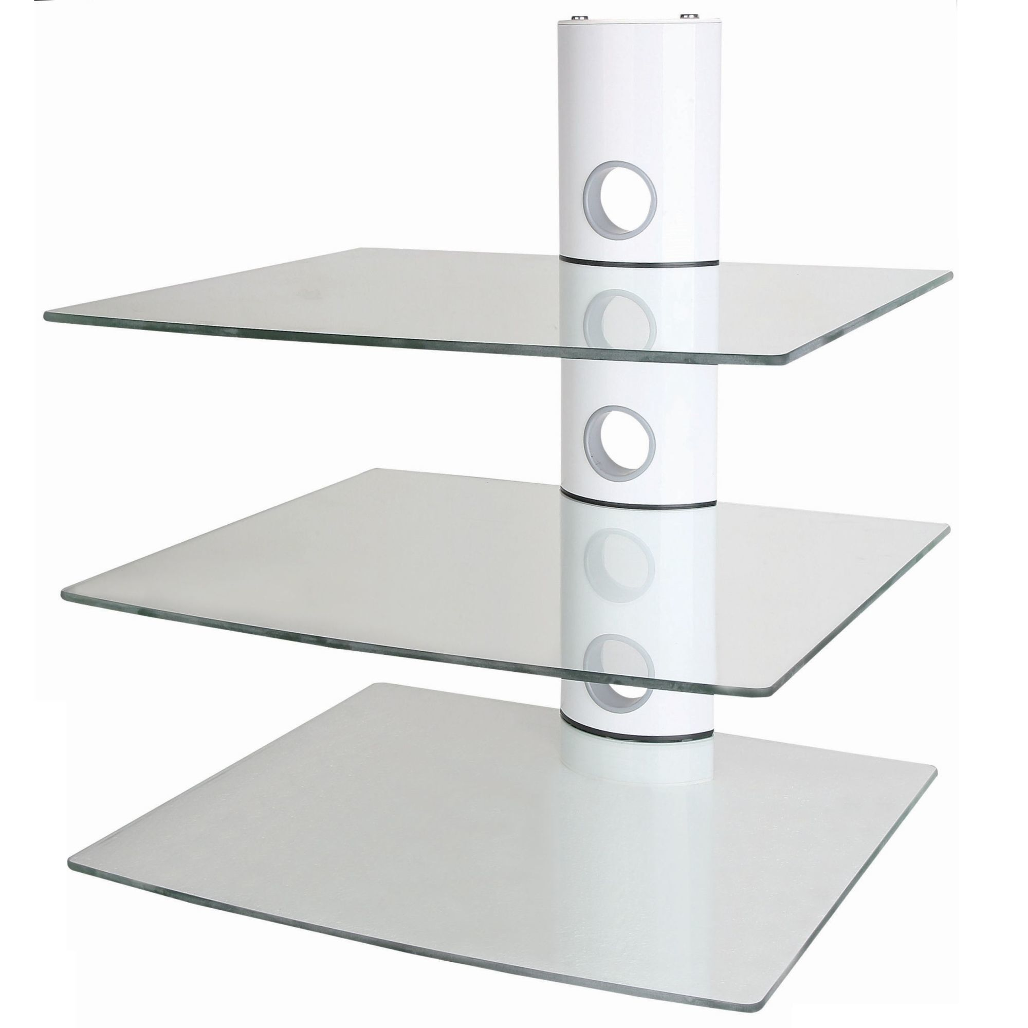 Glasregale auf einem weißen Ständer. Die Regale sind quadratisch und der Ständer hat ein kreisförmiges Design.