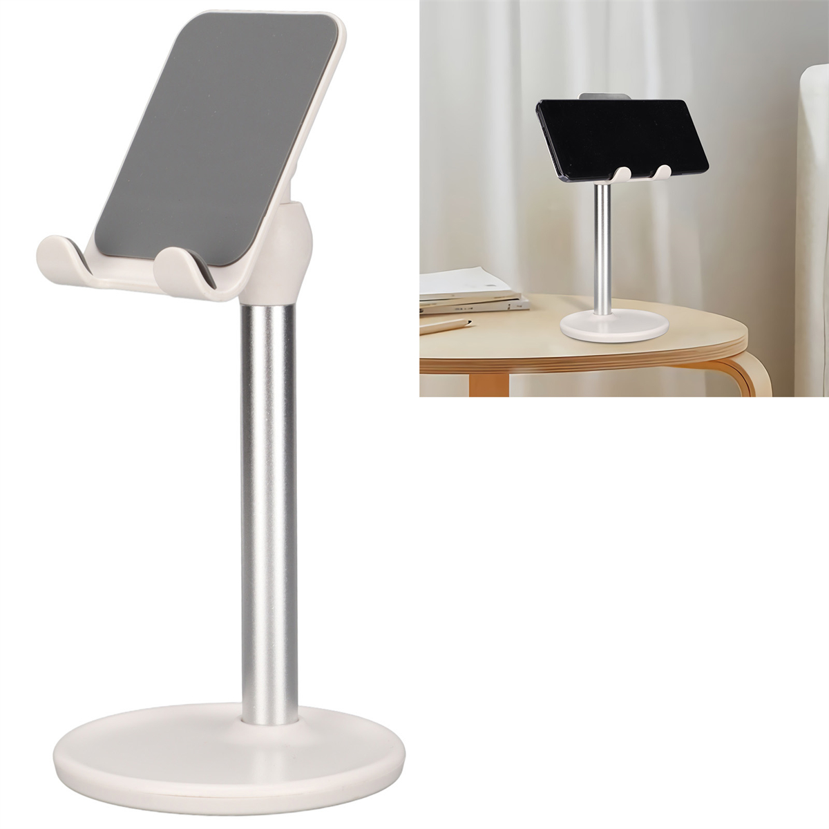 Ein Telefonständer mit weißem Sockel und silbernem, verstellbarem Arm.