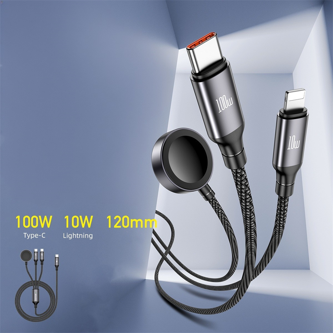 Ein schwarzes und silbernes Mehrfachkabel mit USB-C- und Lightning-Anschlüssen, mit Textbeschriftungen.