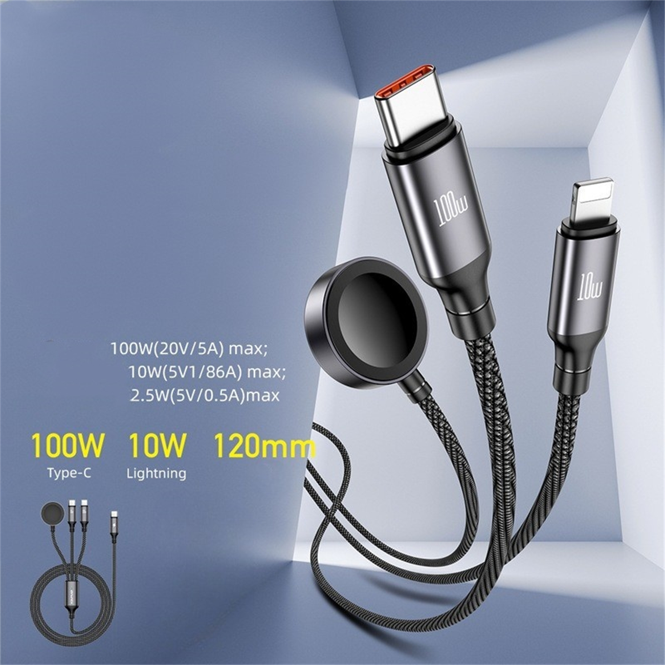 Drei Ladekabel: Typ-C, Lightning und ein runder Anschluss. Schwarze und graue Farben. Leistungsangaben werden angezeigt.