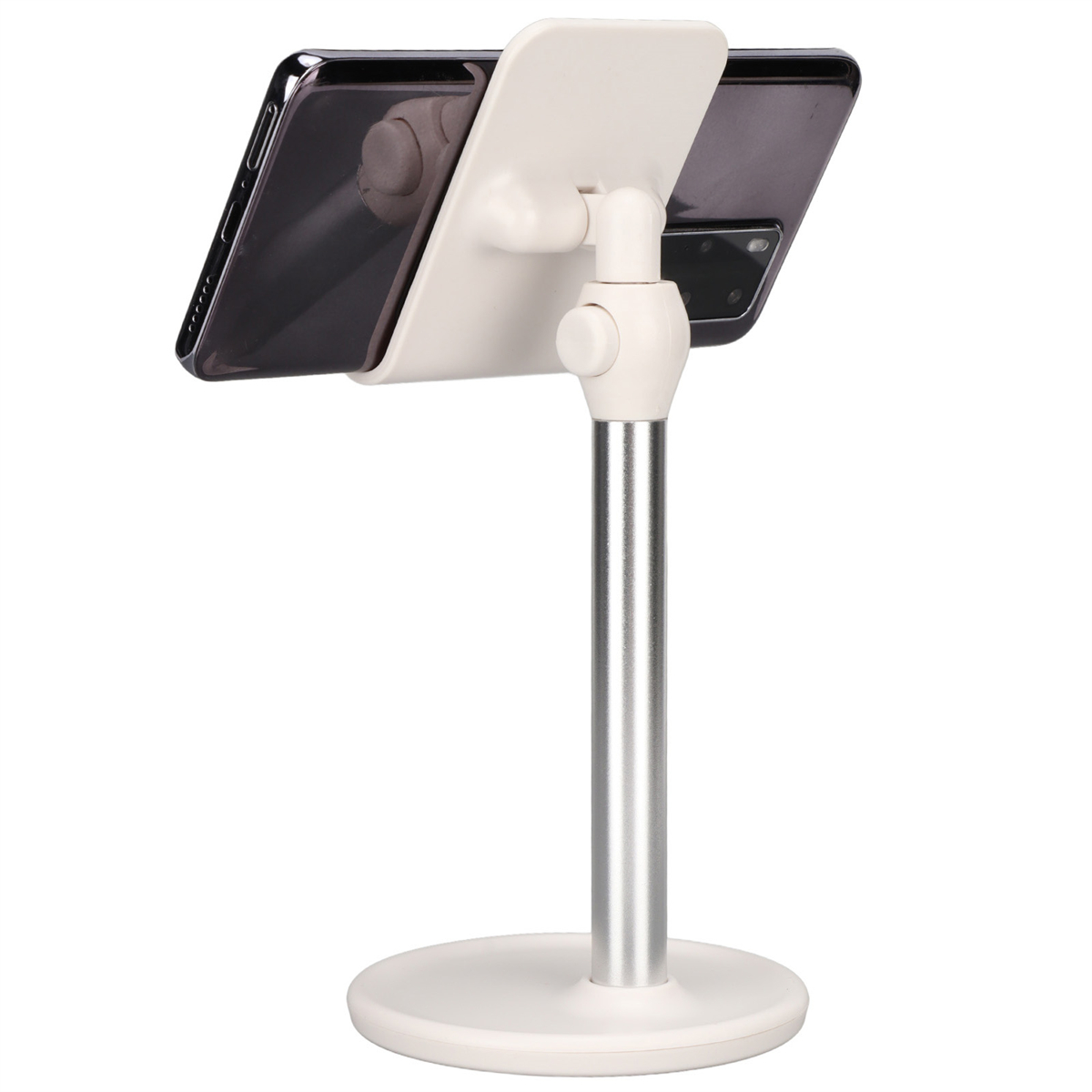 Ein Telefon auf einem weißen Ständer. Der Ständer hat einen silbernen Fuß und einen kippbaren Kopf.