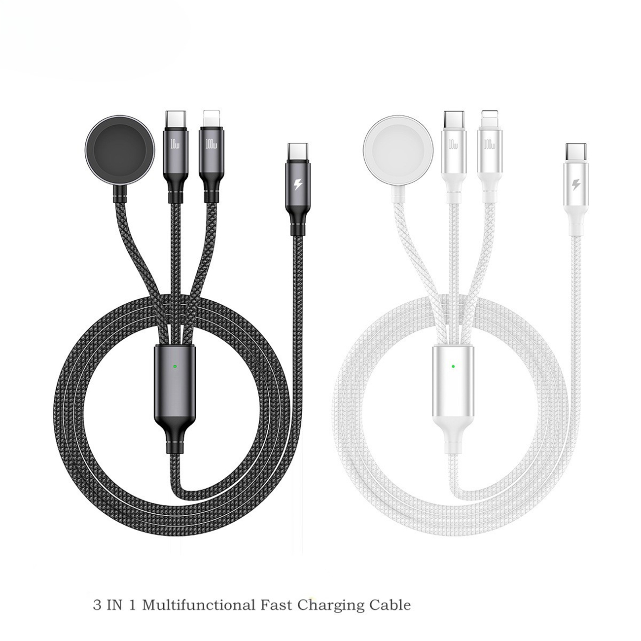 Zwei Ladekabel, schwarz und weiß, mit mehreren Anschlüssen.