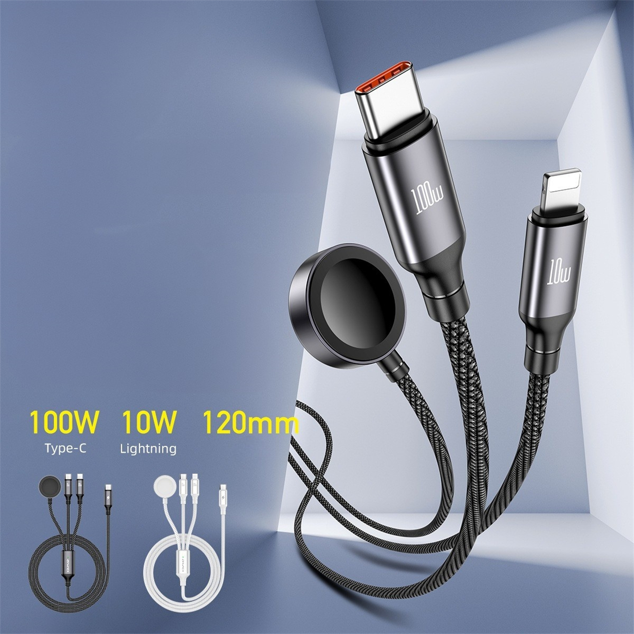 Ein schwarzes Ladekabel mit drei Anschlüssen: USB-C, Lightning und USB. Ein weißer Hintergrund.