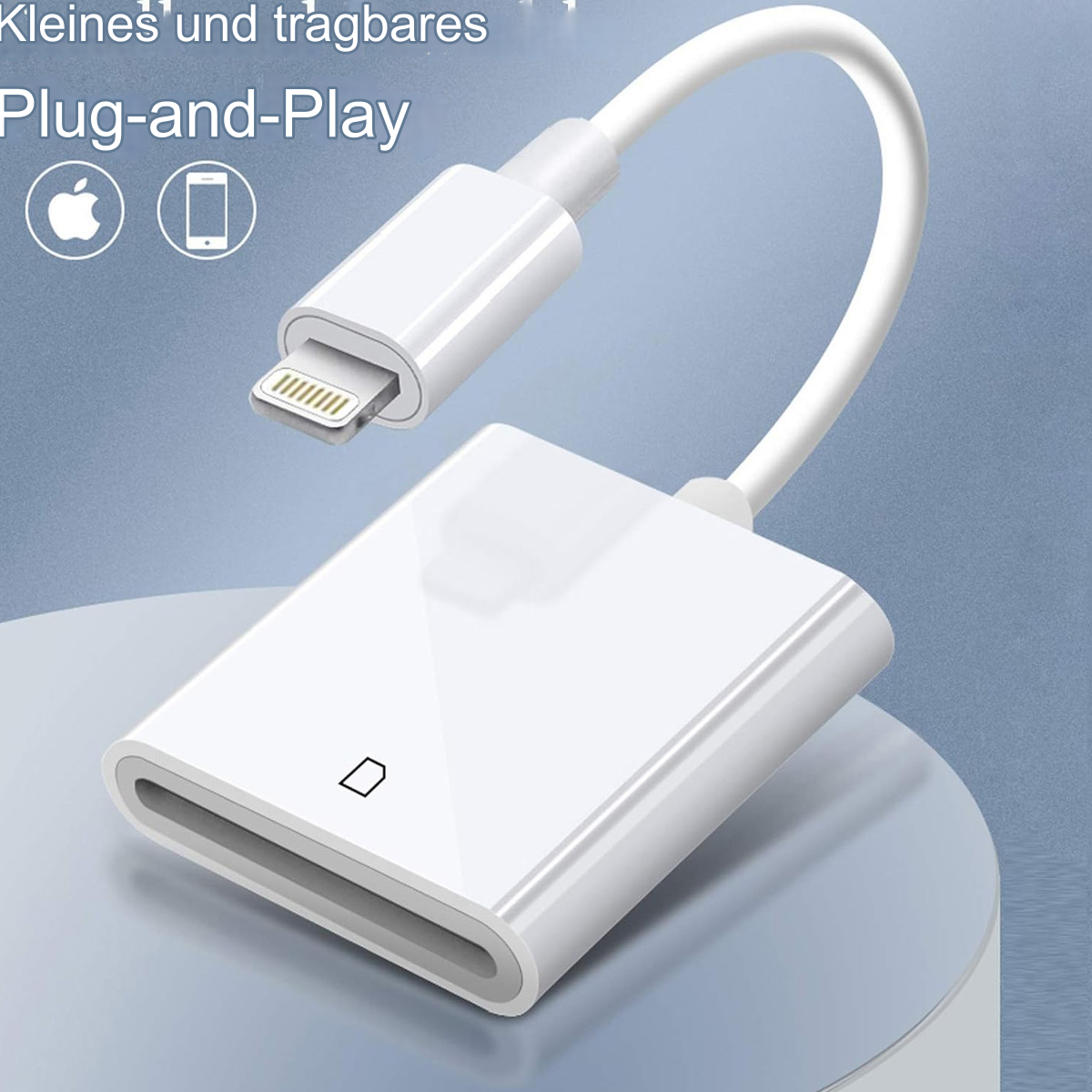 Weißer Kartenleser mit weißem Kabel und Lightning-Anschluss. Apple-Logo links.