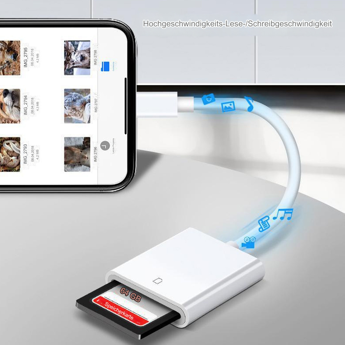 Telefon mit Fotos, verbunden mit Kartenleser und SD-Karte.