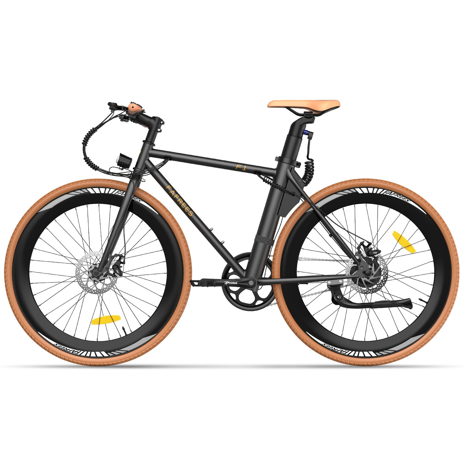 Schwarzes Elektrofahrrad mit braunen Reifen, isoliert auf weißem Hintergrund.