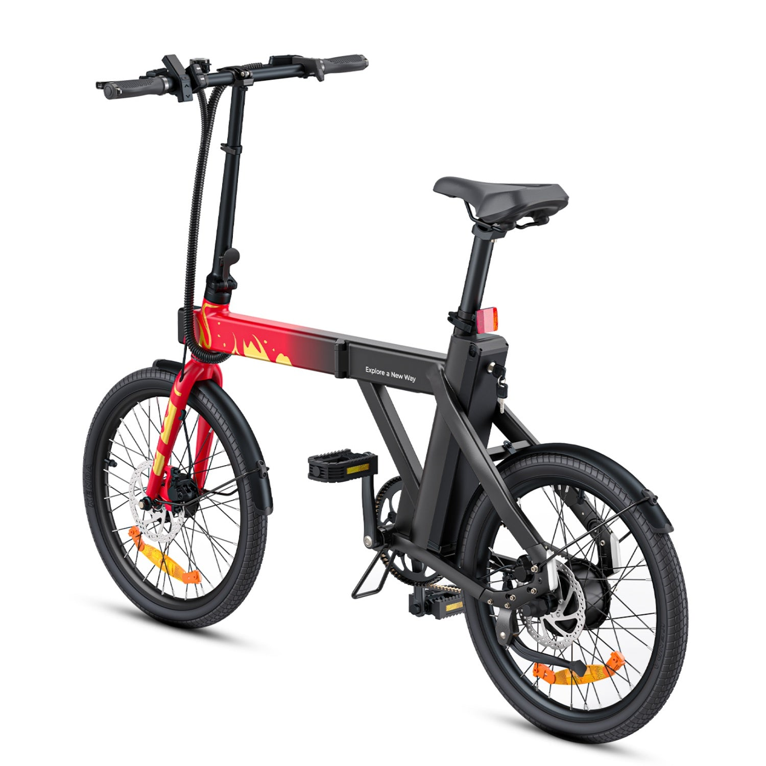 Bicicletta elettrica pieghevole rossa e nera. Caratteristiche: dettagli del telaio rossi, componenti neri e batteria visibile.