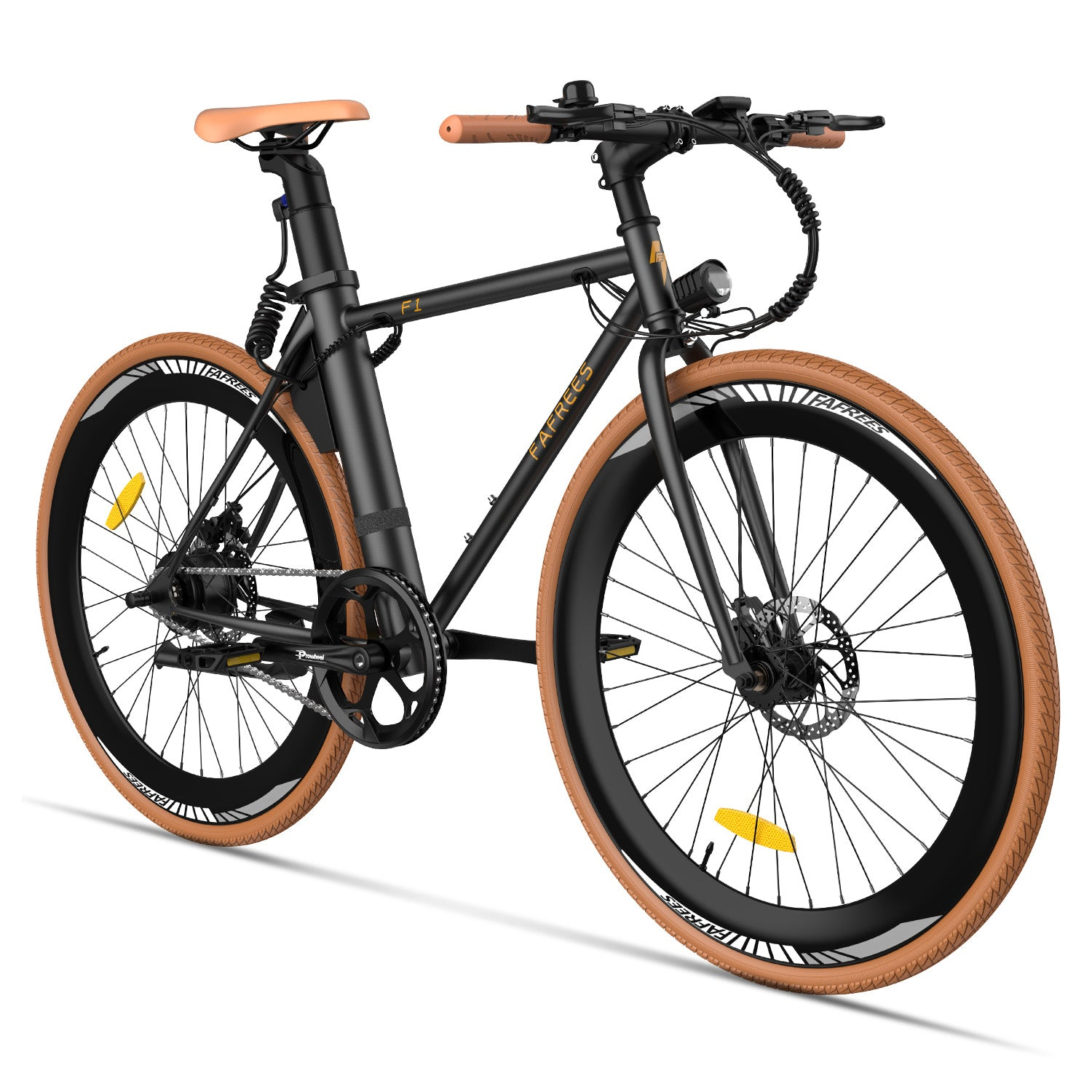 Schwarzes E-Bike mit braunen Reifen, Sitz und Griffen. Weißer Hintergrund.