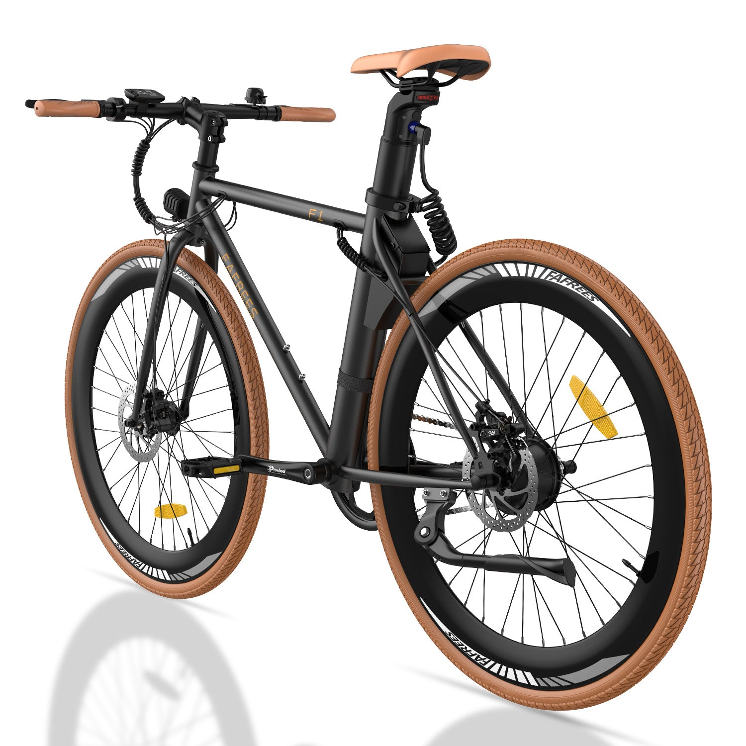 Schwarzes Elektrofahrrad mit braunen Details, seitliche Ansicht.