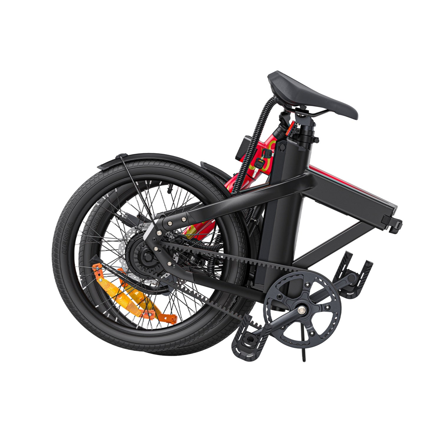 Bicicletta pieghevole nera e rossa con ruote nere e sella nera. Lo sfondo è bianco.