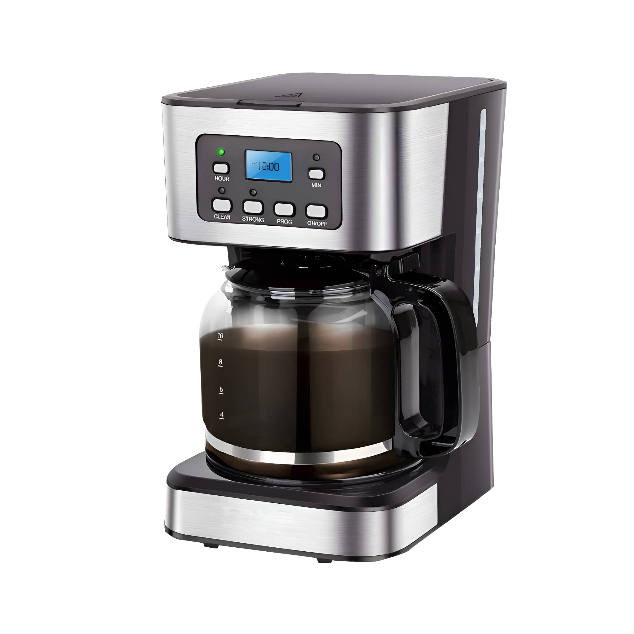 Schwarz-silberfarbene Kaffeemaschine mit Glaskaraffe.