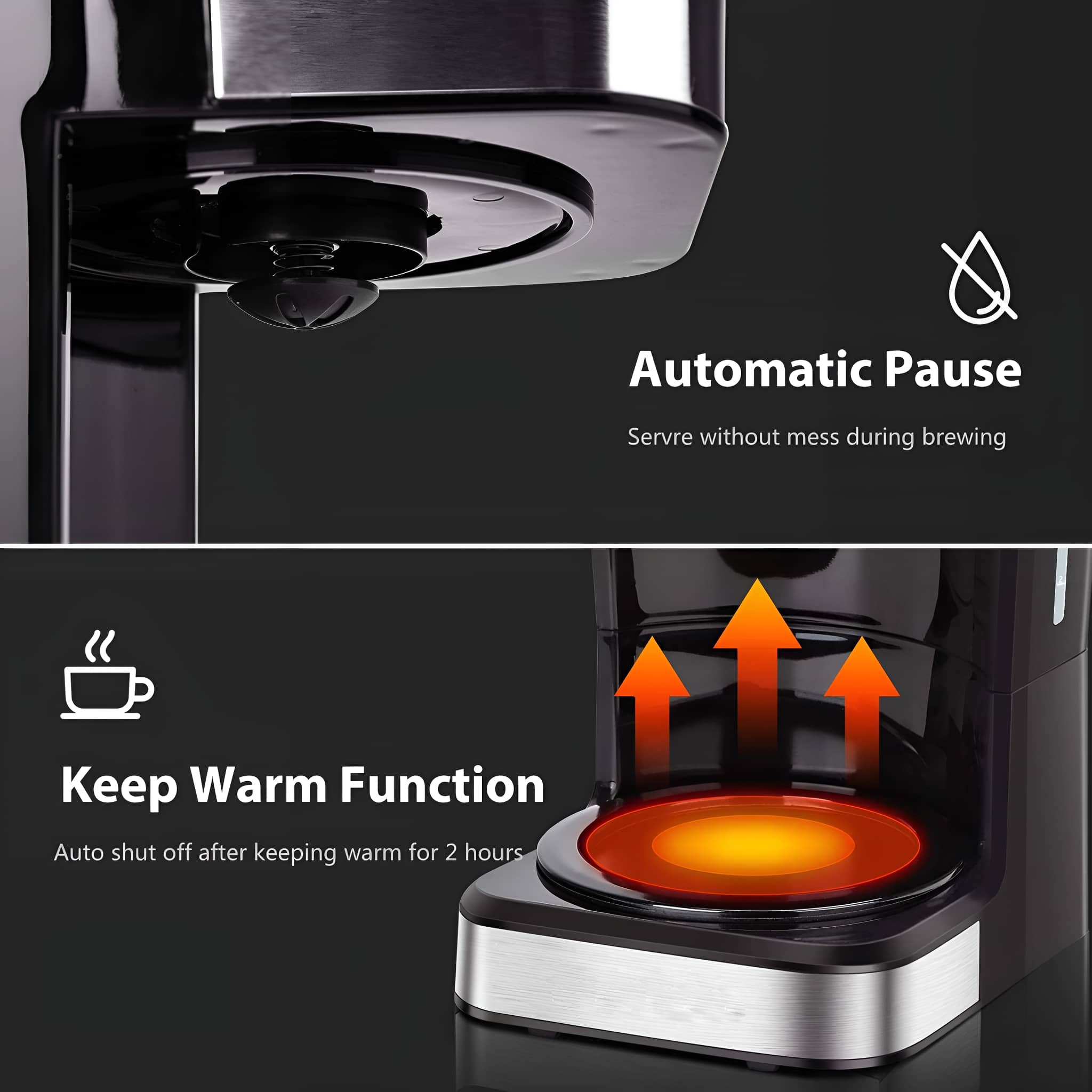 Kaffeemaschine mit automatischer Pausenfunktion und Warmhaltefunktion.