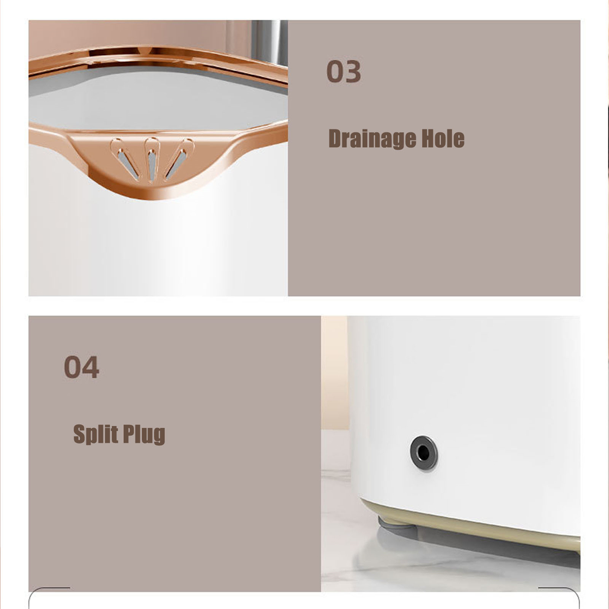 Nahaufnahme eines weißen und goldenen Geräts mit den Bezeichnungen: Drainage Hole und Split Plug.