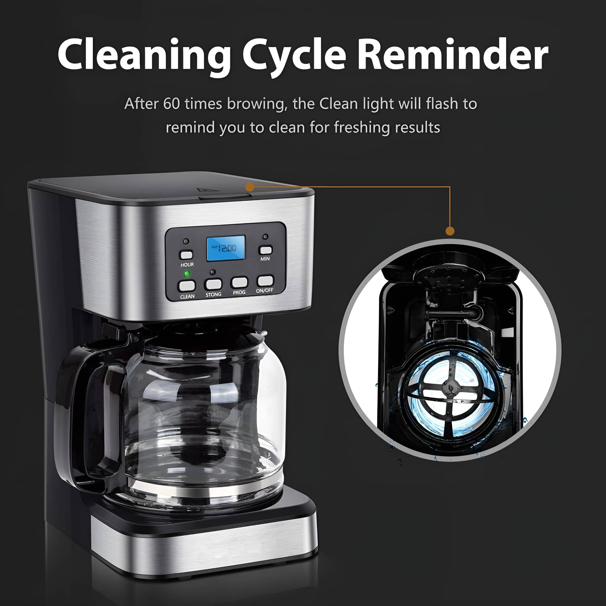 Schwarz-silberfarbene Kaffeemaschine mit Glaskaraffe und Digitalanzeige.