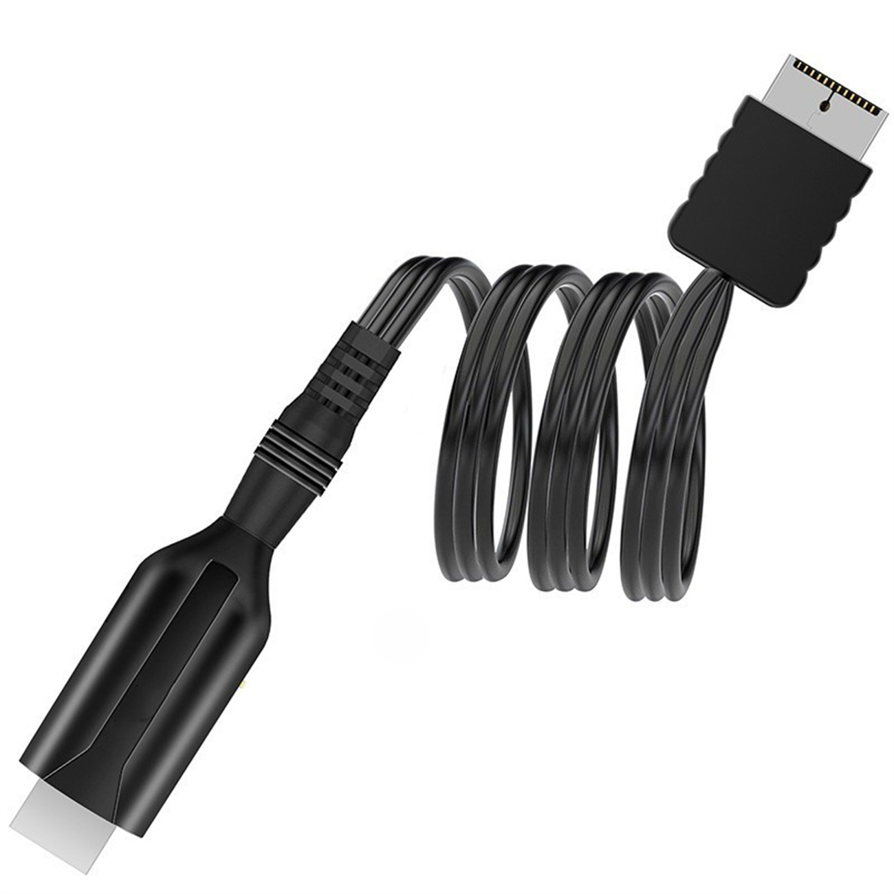 Schwarzes HDMI-Kabel, gewendelt, mit Anschlüssen an jedem Ende.
