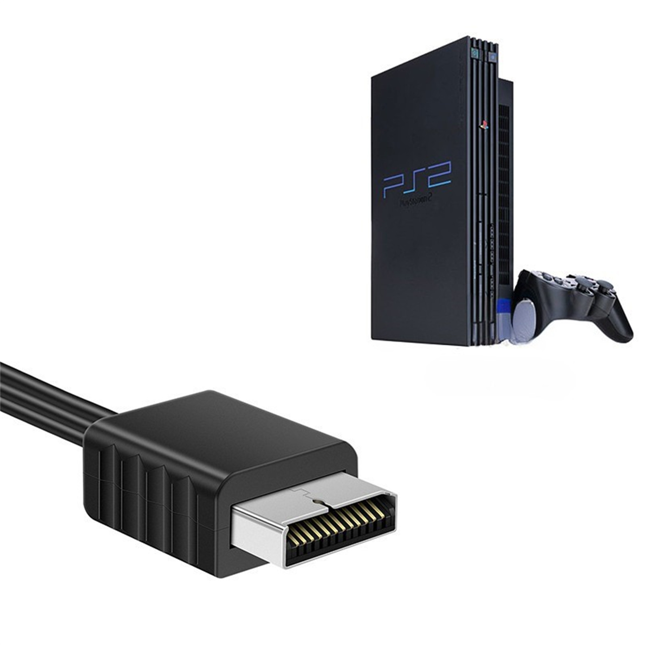 PS2-Konsole mit Controller und einem schwarzen AV-Kabel.