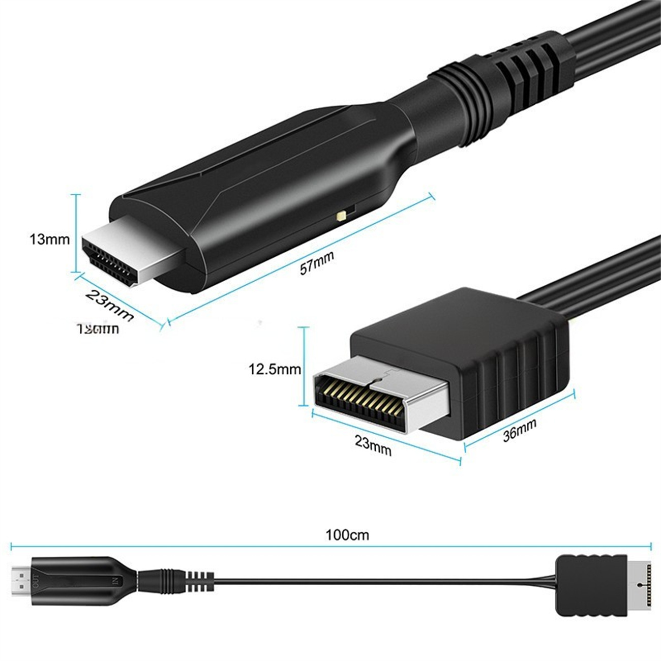 HDMI-Kabel mit zwei schwarzen Steckern, mit Maßen und Beschriftungen auf weißem Hintergrund.