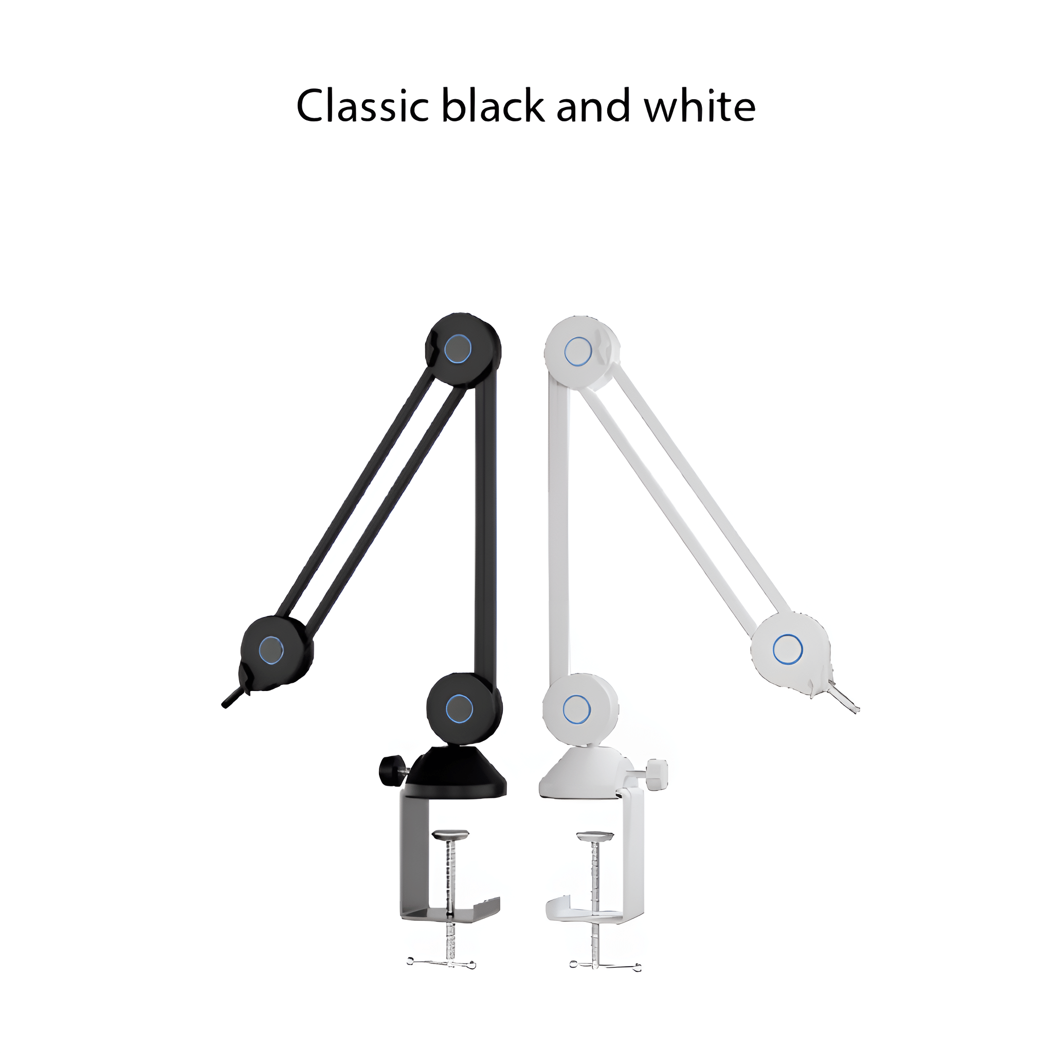 Schwarze und weiße Schreibtischlampen. Zwei schwarze und zwei weiße, alle mit verstellbaren Armen und Klemmfüßen.