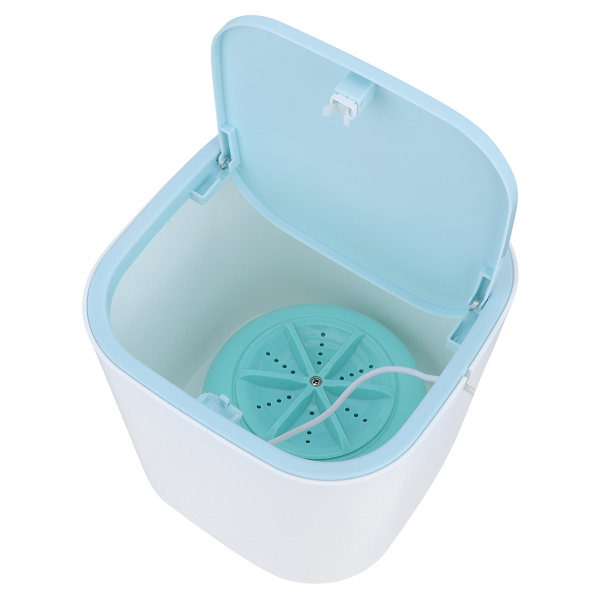 Weiße und blaue Mini-Waschmaschine mit offenem Deckel. Ein blaues Spinnrad ist innen.