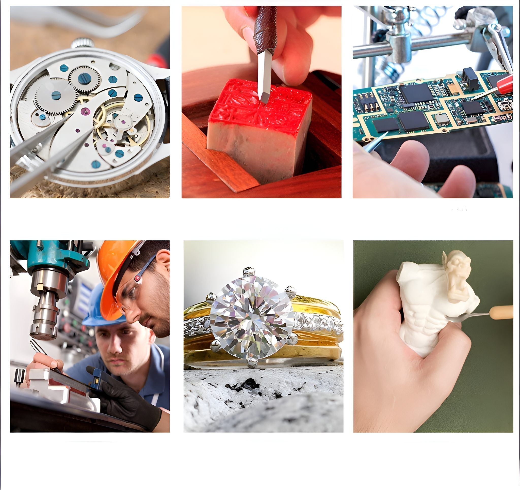 Sechs Bilder, die Uhrenreparatur, Schnitzen, Leiterplatte, Uhrenteile, Diamantring und Statue zeigen.