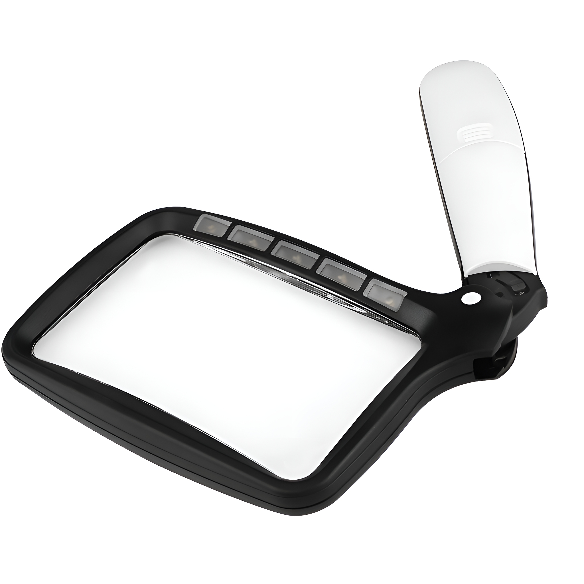 Schwarz-weiße Lupe mit Griff und LED-Leuchten.
