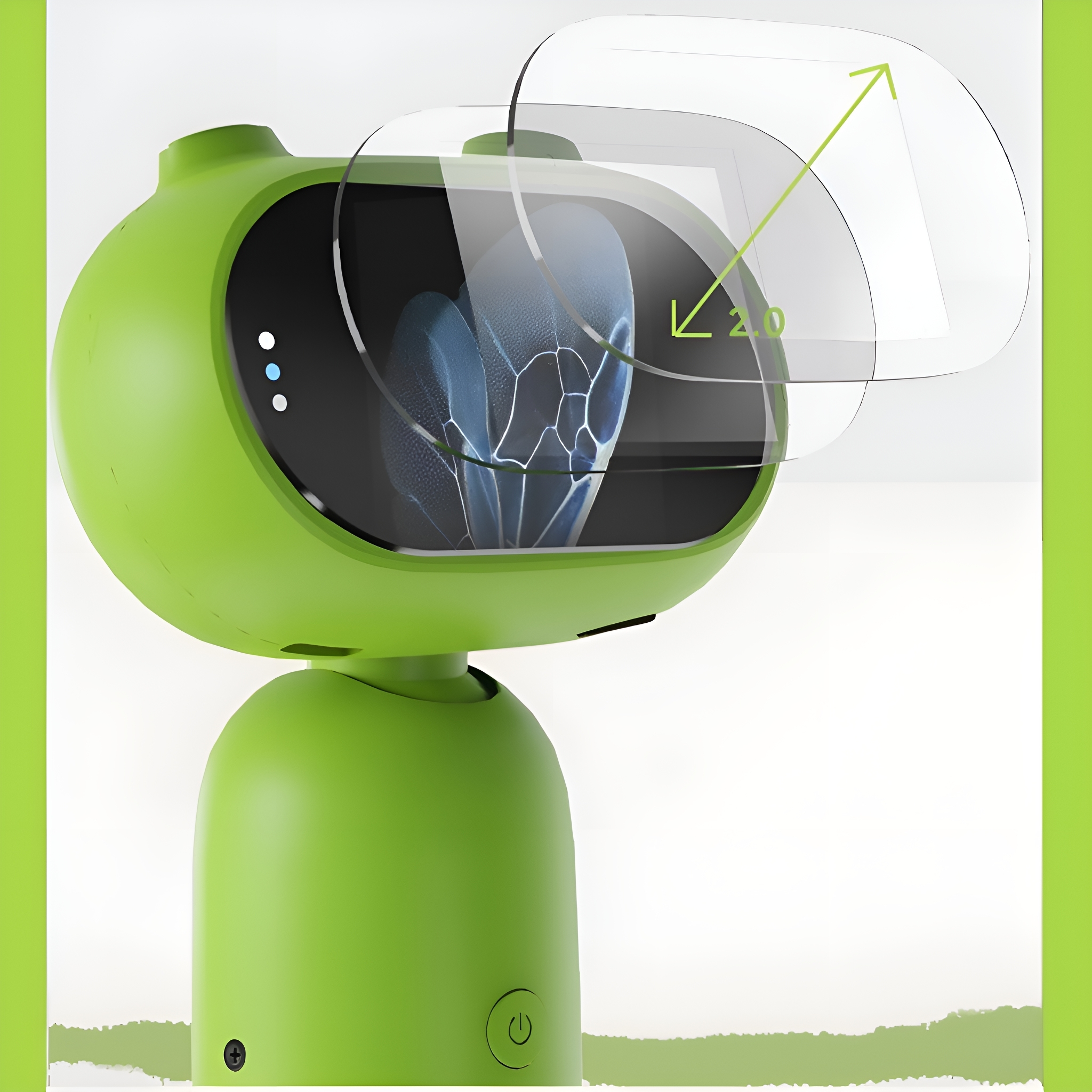 Grüner Roboter-Kopf mit transparentem Bildschirm-Overlay. Der Bildschirm zeigt ein digitales Bild. Es gibt einen grünen Pfeil.