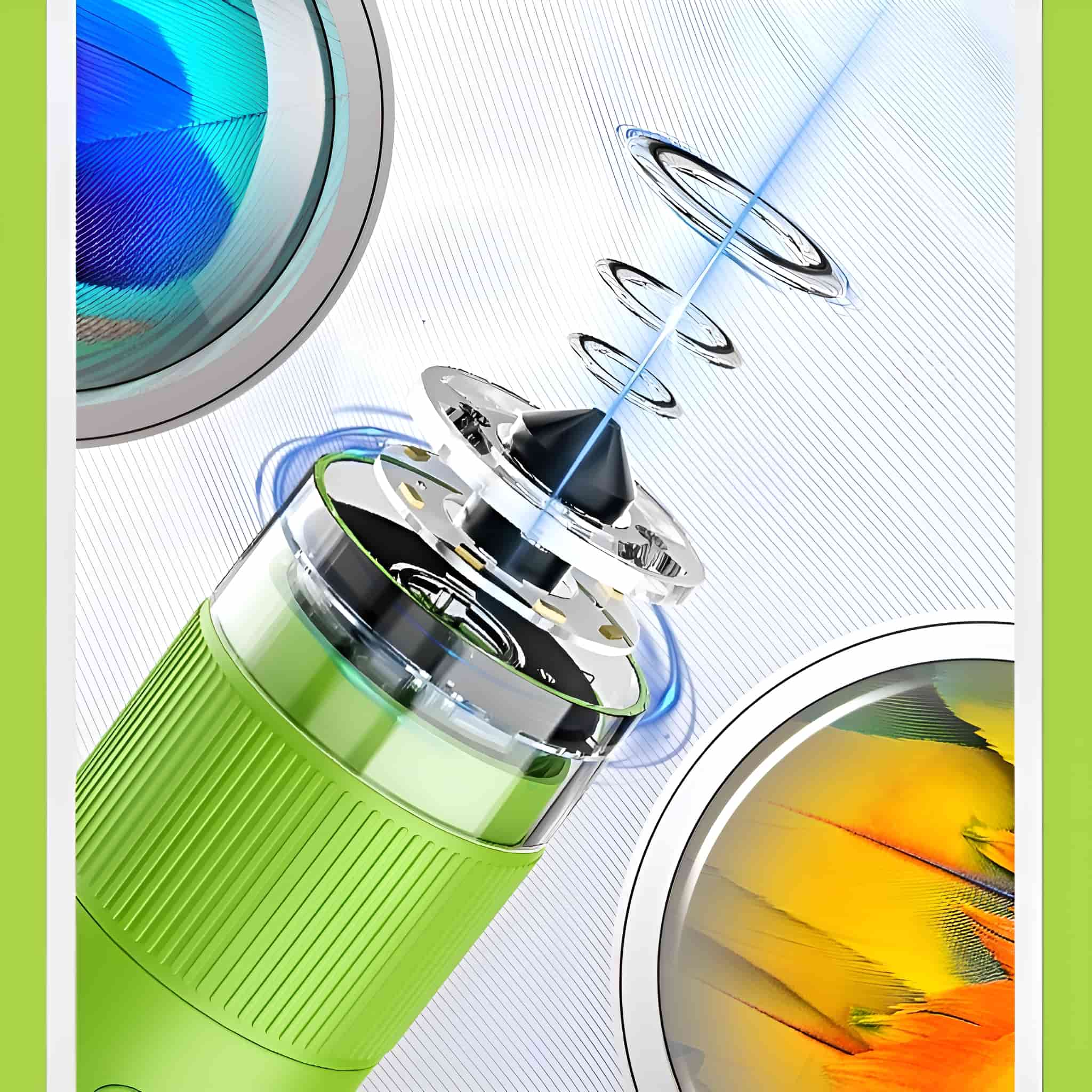 Grüner Mixer mit abstraktem Hintergrund. Federn sind im Hintergrund sichtbar.