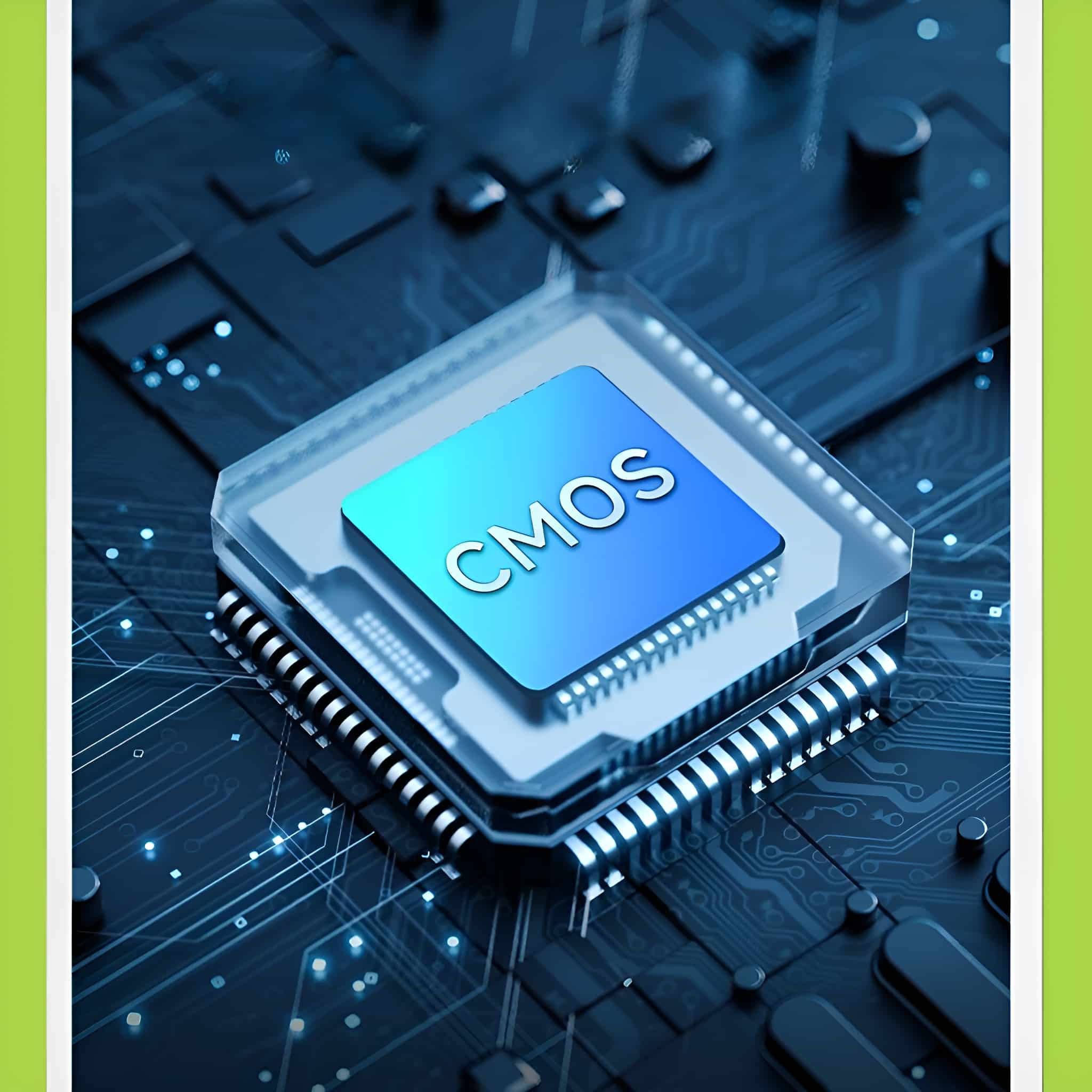 Nahaufnahme eines CMOS-Chips auf einer Leiterplatte. Der Chip ist blau und mit CMOS beschriftet.
