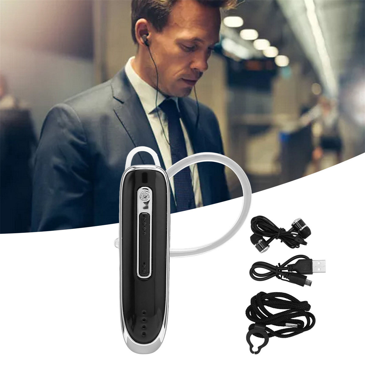 Ein Mann im Anzug benutzt ein schwarzes Bluetooth-Headset. Zusätzliche Kabel sind ebenfalls abgebildet.