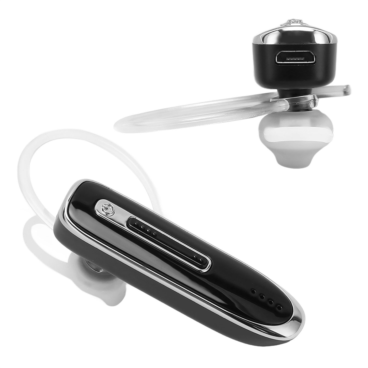 Zwei Bluetooth-Headsets, eines schwarz und eines weiß. Das weiße ist zweiteilig.