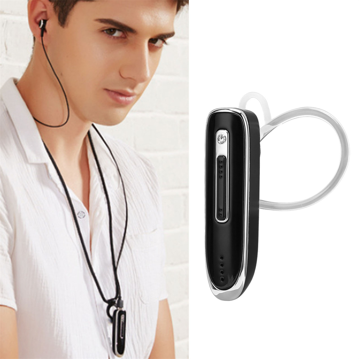 Mann mit schwarzem und silbernem Bluetooth-Headset. Zweites schwarzes Headset sichtbar.