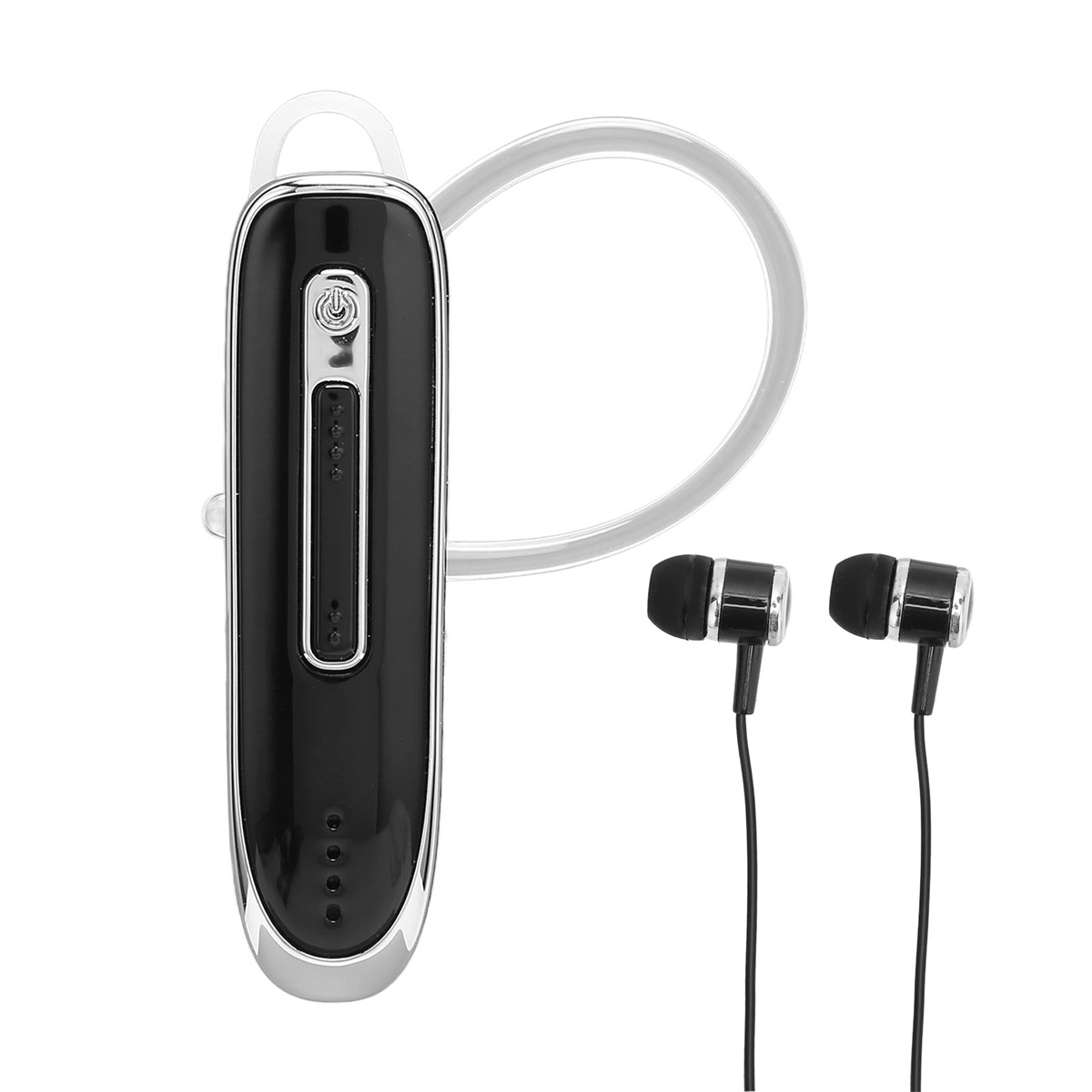 Schwarzes Headset mit langem, gebogenem Ohrhaken und zwei schwarzen Ohrhörern. Das Headset hat Knöpfe.