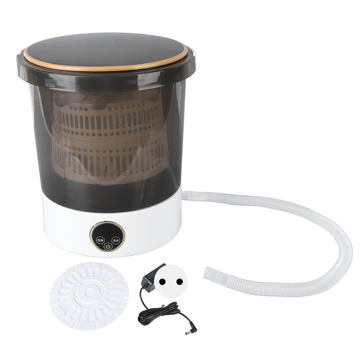 Kleine Waschmaschine mit weißem Gehäuse, schwarzem Deckel und Schlauch.