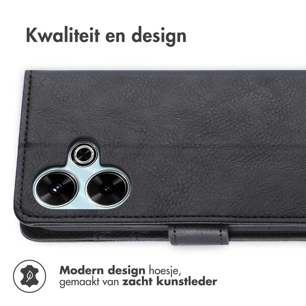 Zwarte telefoonhoes met zilveren camerabehuizing en lederlook.
