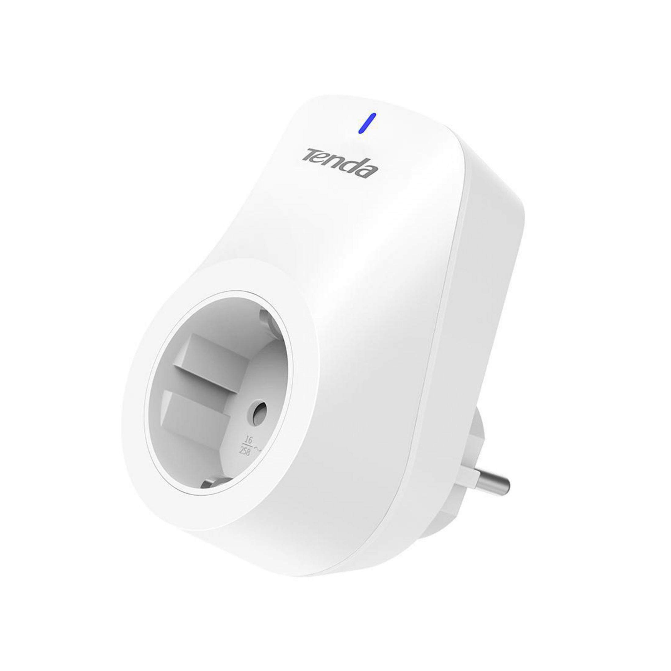 Weißer Tenda-Stecker mit blauem Licht. Es hat eine Steckdose und zwei Stifte für einen Stecker.