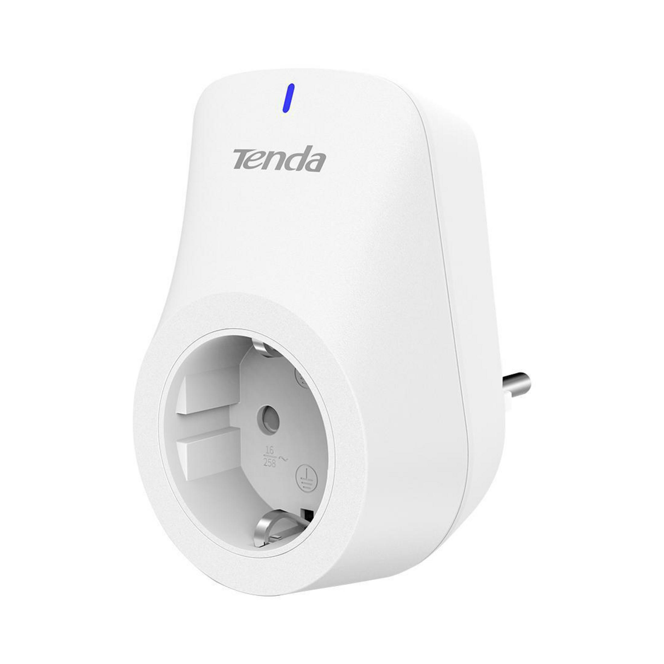 Weißer Smart-Stecker mit Tenda-Logo und blauem Licht. Stecker im europäischen Stil.