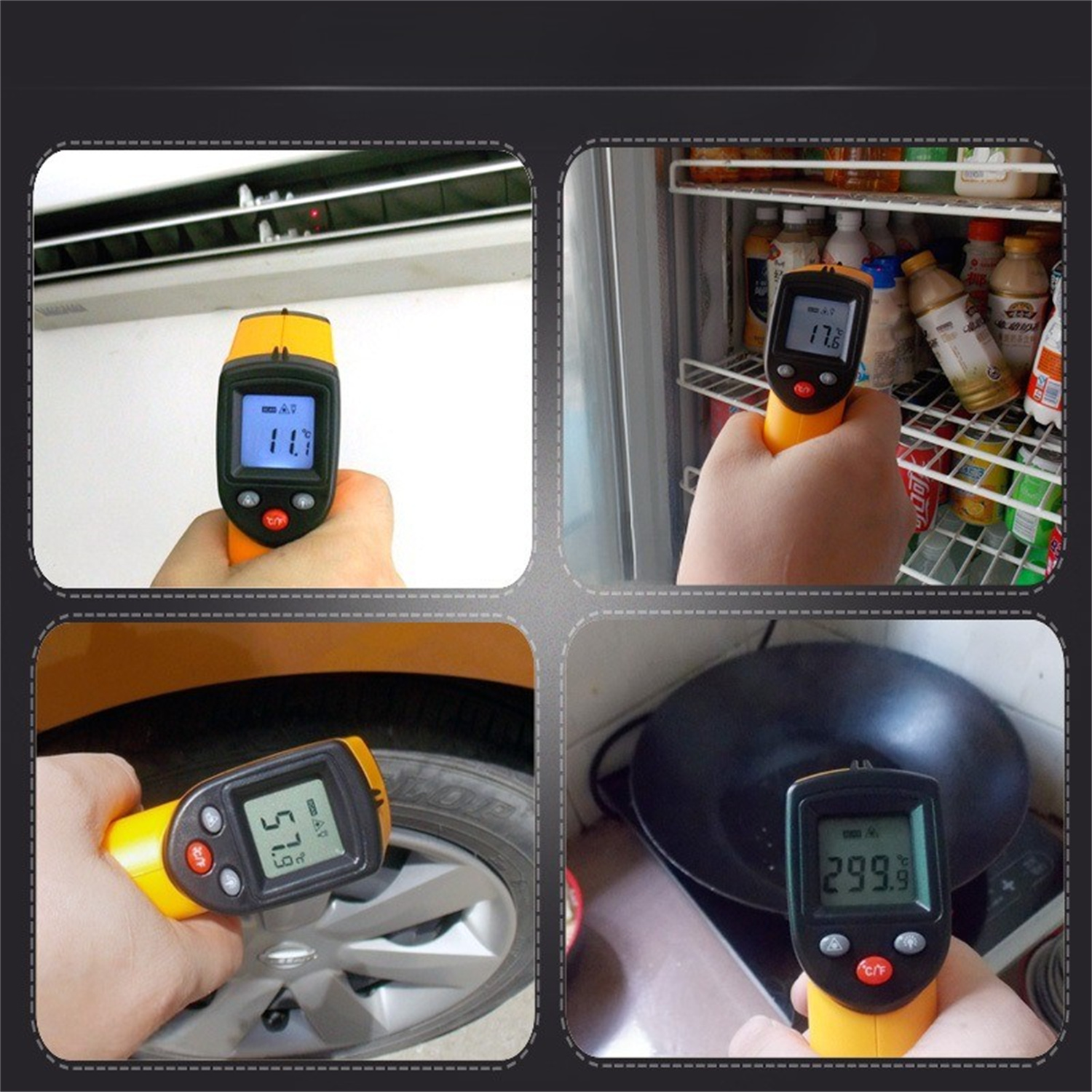 Vier Bilder, die ein Handthermometer zeigen, das Temperaturen in verschiedenen Umgebungen misst.