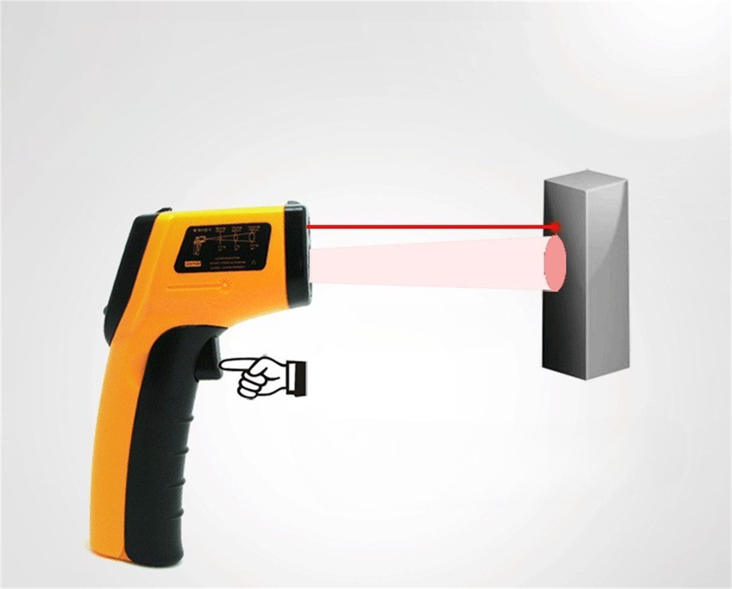 Ein orangefarbenes und schwarzes Infrarot-Thermometer, mit einem roten Laserstrahl, der auf einen grauen Block zeigt.