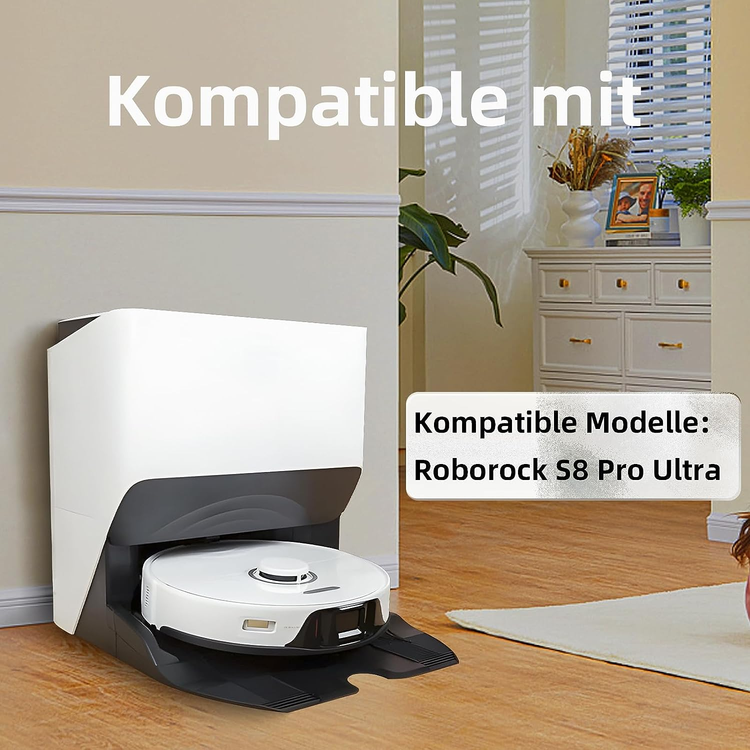 Roboter-Staubsauger mit weißer Dockingstation. Text: Kompatibel mit Roborock S8 Pro Ultra.