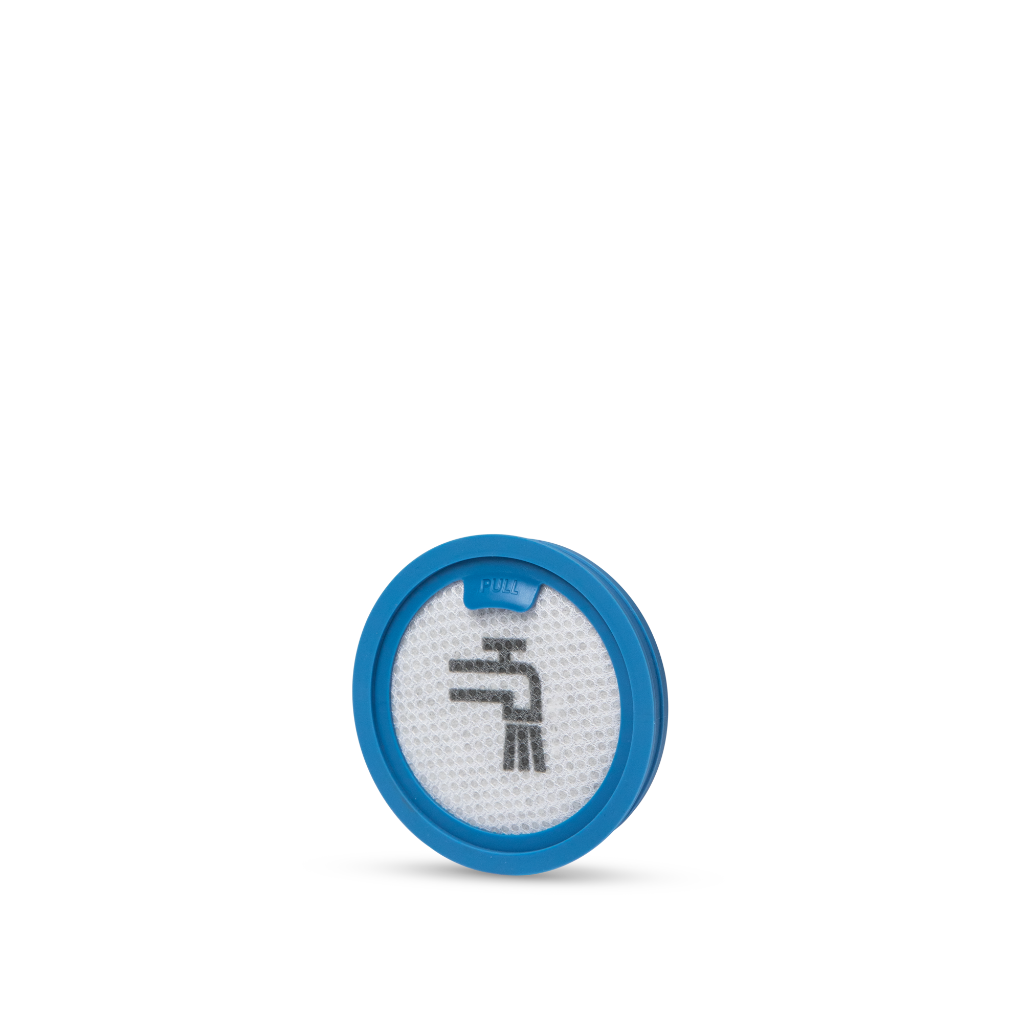 Niebiesko-biały filtr powietrza z ikoną kranu i słowem „PULL” u góry.