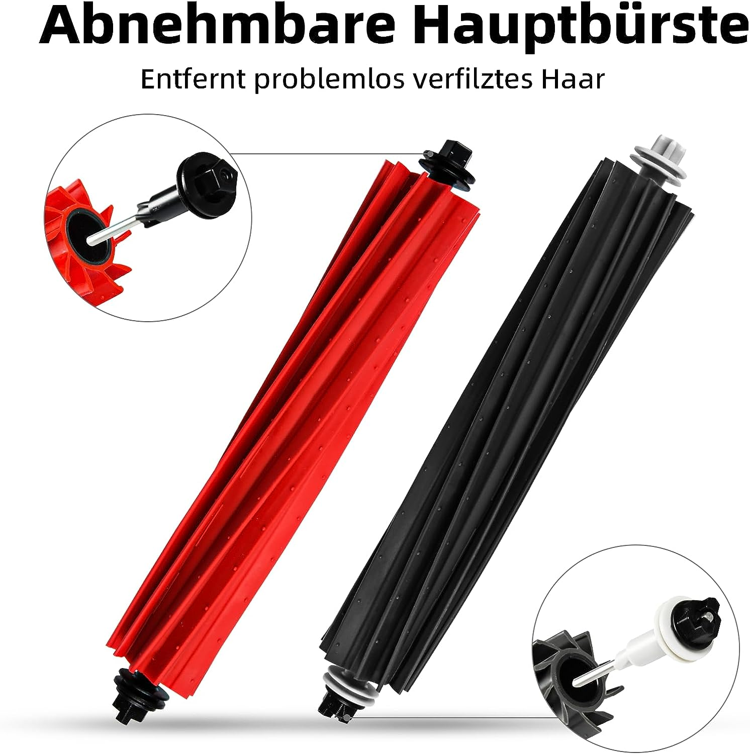 Zwei rote und schwarze Staubsaugerbürsten mit Text darüber, der sie beschreibt.