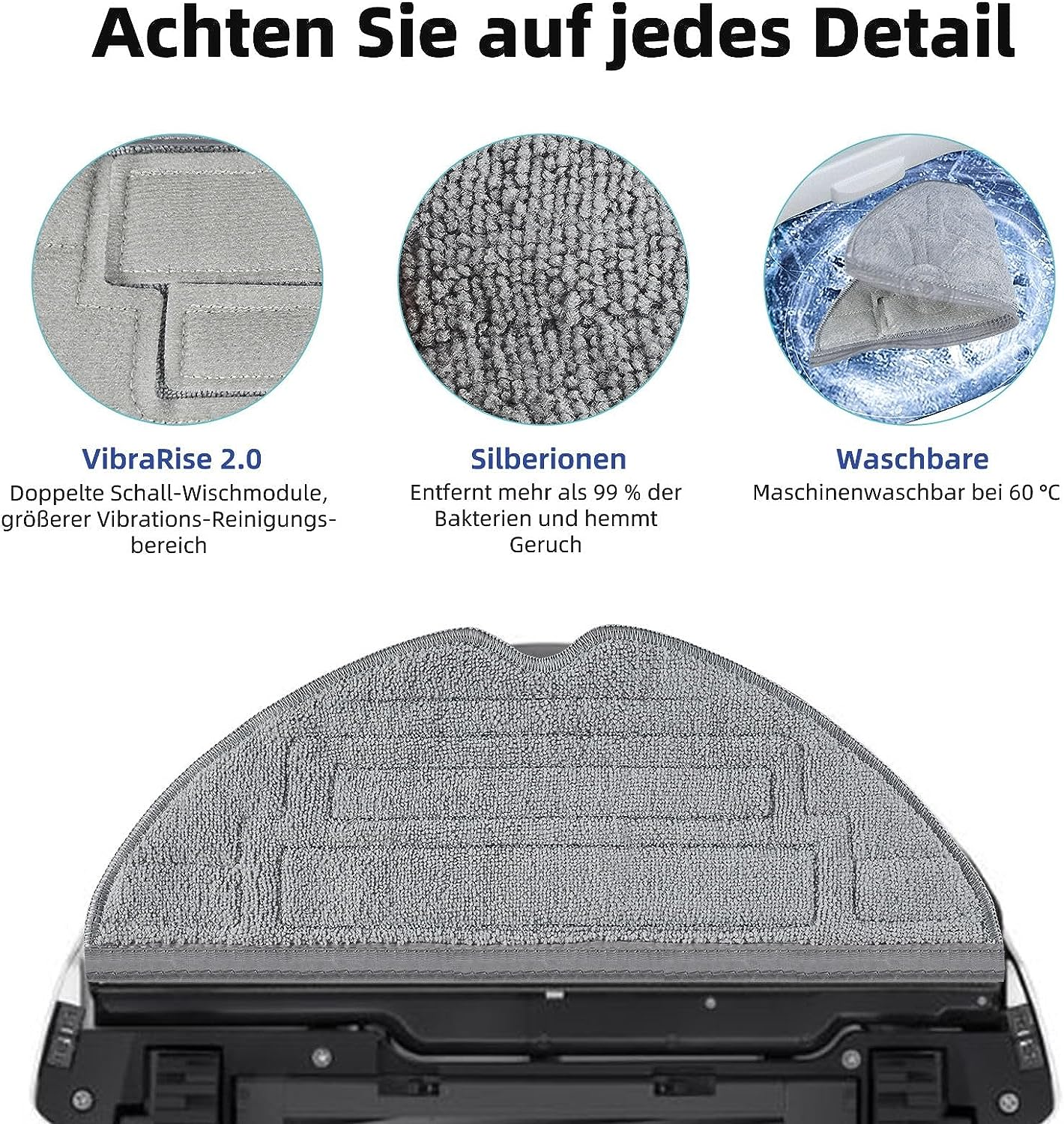 Nahaufnahme der Komponenten eines Roboter-Staubsaugers, mit Details zu Reinigungsfunktionen.