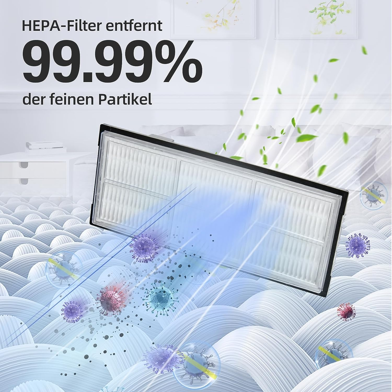 HEPA-Filter wird gereinigt, zeigt die Entfernung von Partikeln. Text: 99,99% der feinen Partikel.