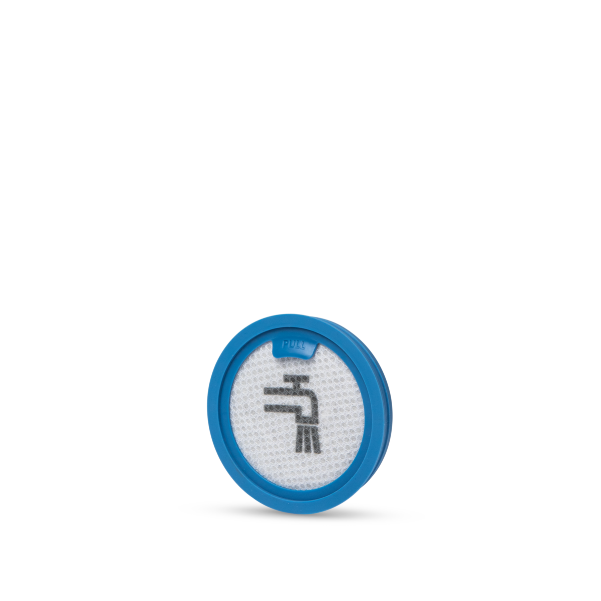 Niebiesko-biały okrągły filtr na czarnym tle. Ma białą siatkę i symbol uchwytu.