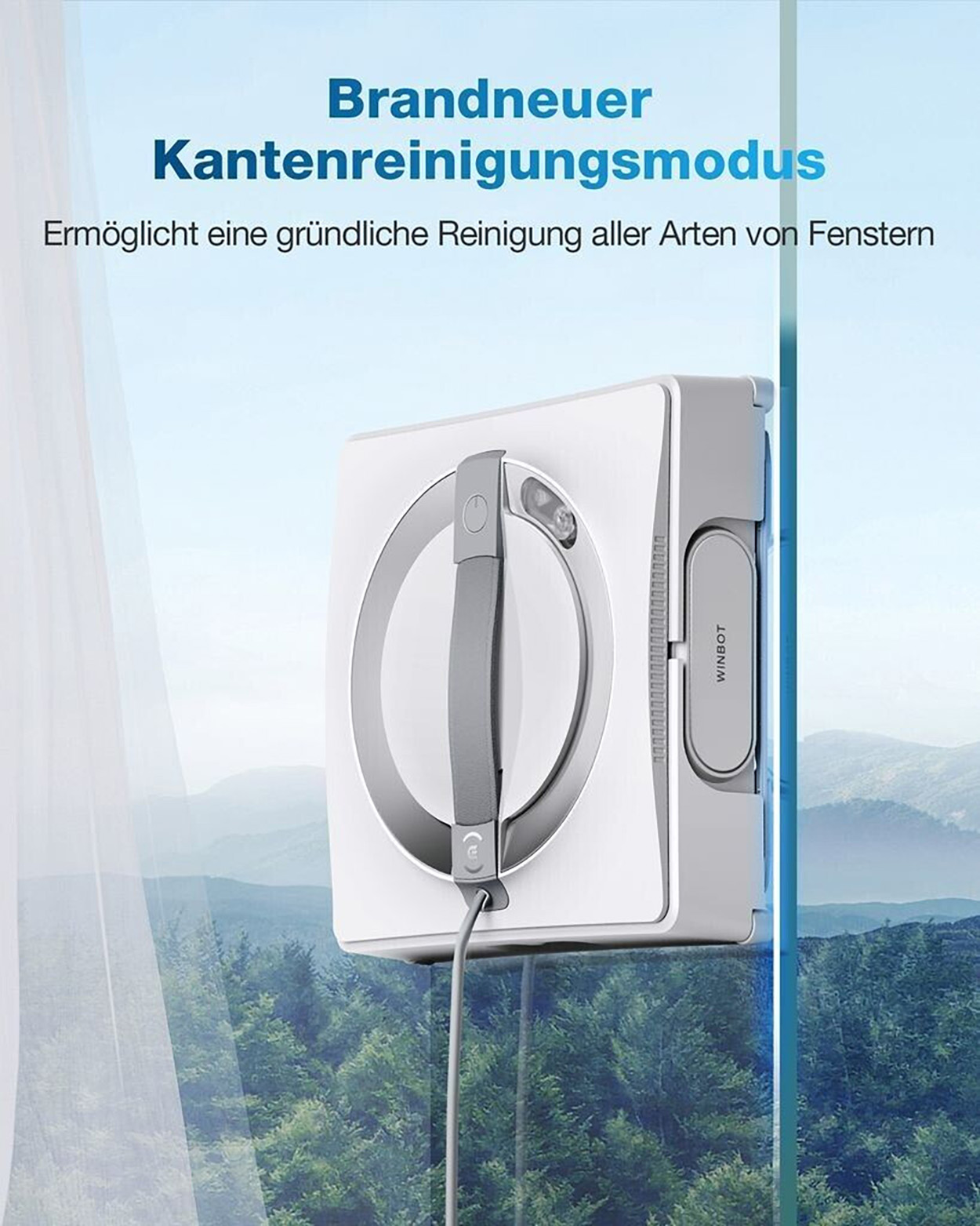 Ein weißer und grauer Fensterputzer mit Griff, der ein Fenster putzt. Grüne Hügel im Hintergrund.