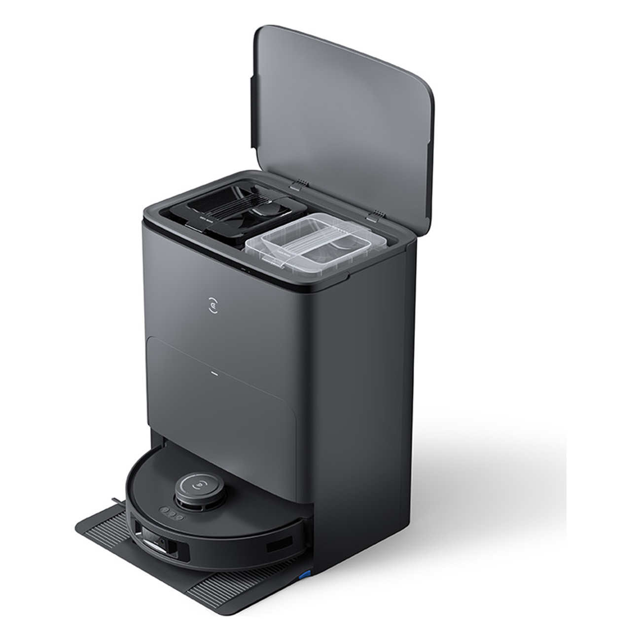 Robot odkurzający ze stacją ładującą. Robot jest czarny, a stacja szara.