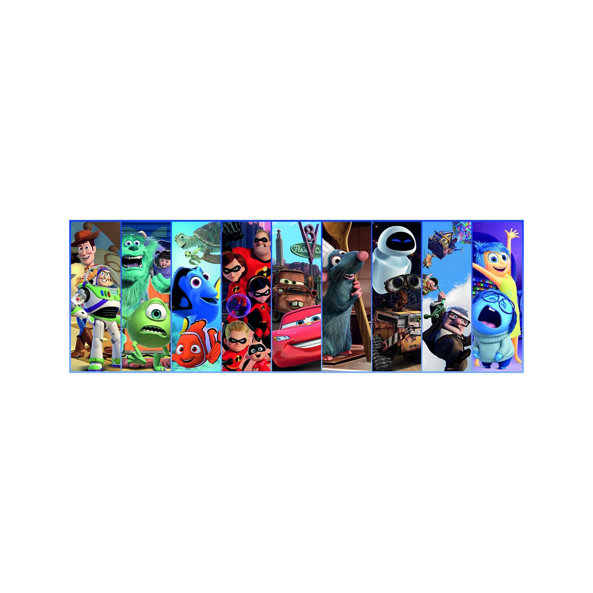 Un collage di personaggi di vari film Pixar, tra cui Toy Story e Inside Out.